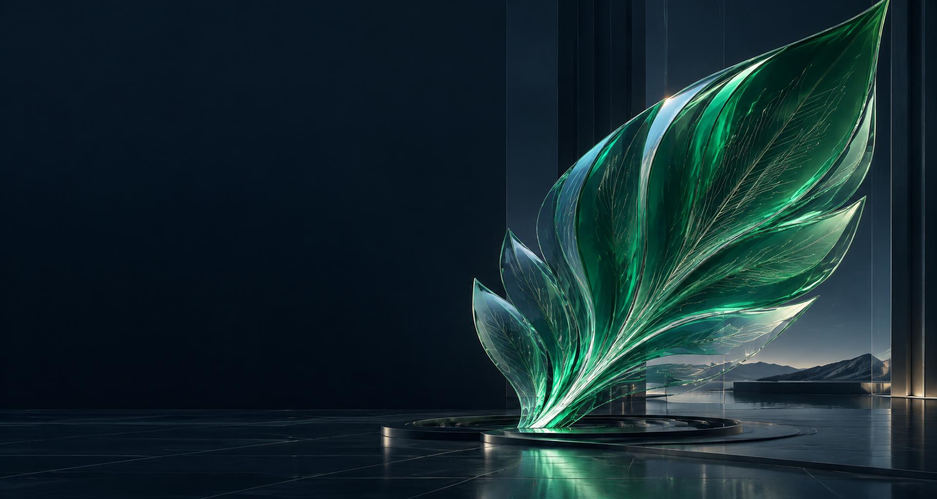 Sculptural emerald glass leaf with circuit-inspired veins